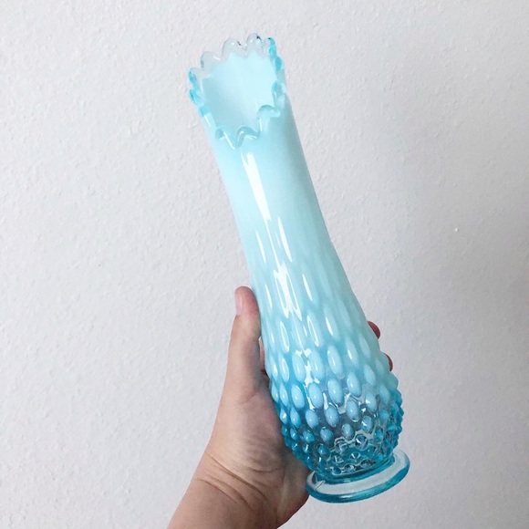 Rare Vintage 1950’s Fenton Blue Opalescent Hobnail Swung Vase Bundle